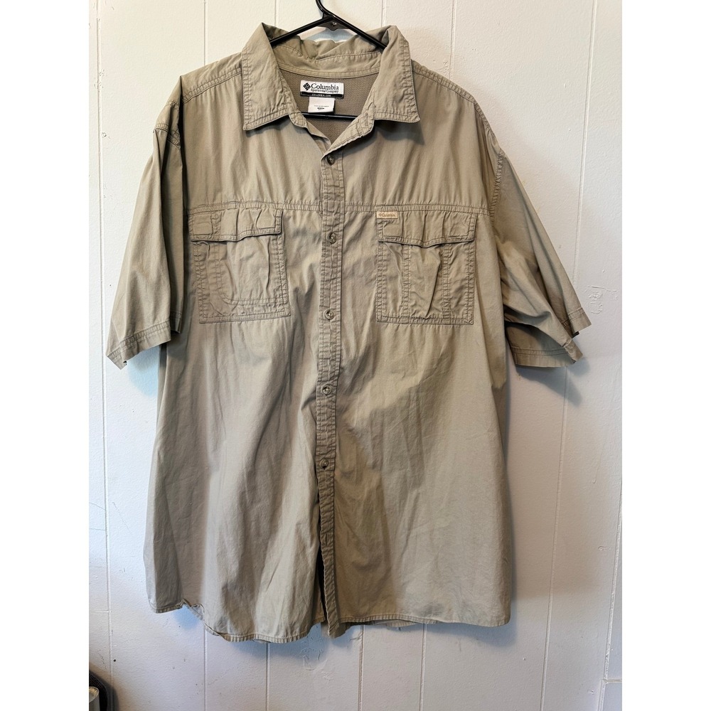 Columbia Sportswear Mens XXL Short Sleeve Button Down Shirt Tan Khaki Hiking Top